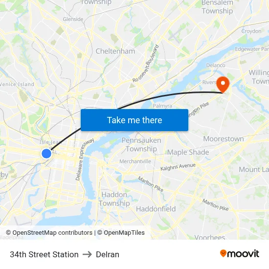 34th Street Station to Delran map