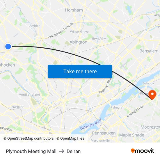 Plymouth Meeting Mall to Delran map