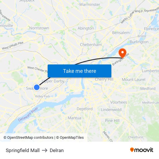 Springfield Mall to Delran map