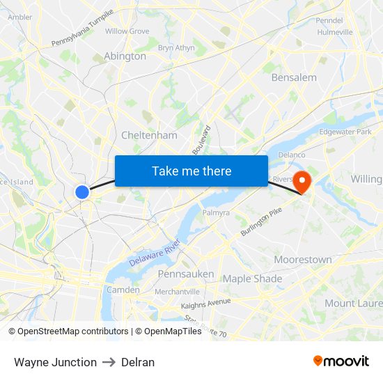 Wayne Junction to Delran map