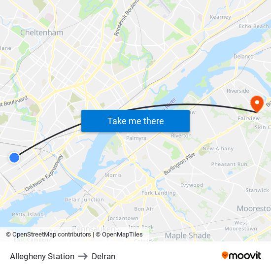 Allegheny Station to Delran map