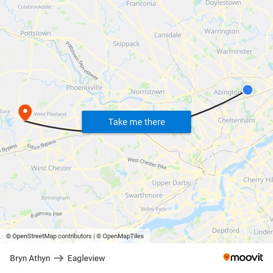 Bryn Athyn to Eagleview map