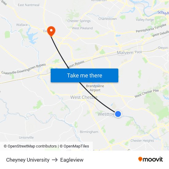 Cheyney University to Eagleview map