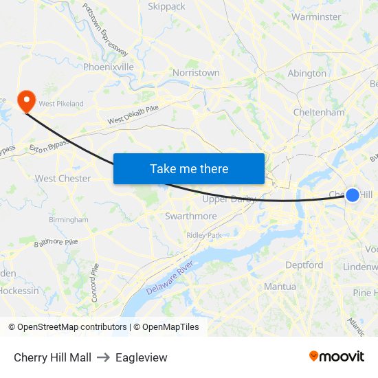 Cherry Hill Mall to Eagleview map