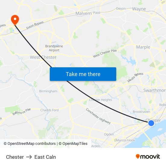 Chester to East Caln map