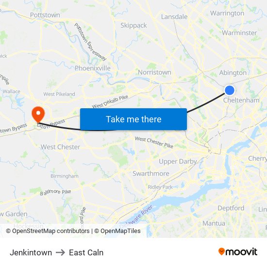 Jenkintown to East Caln map