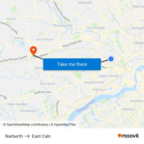 Narberth to East Caln map