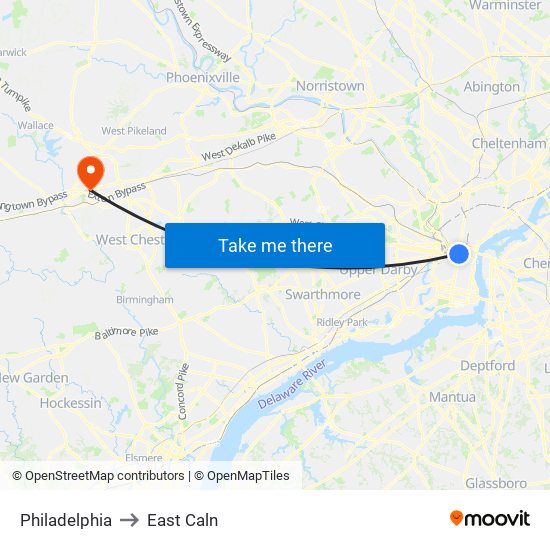 Philadelphia to East Caln map