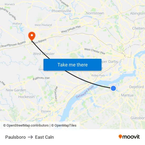 Paulsboro to East Caln map