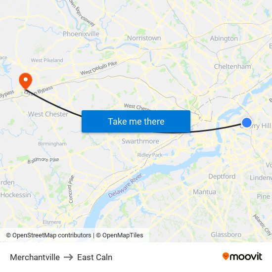 Merchantville to East Caln map