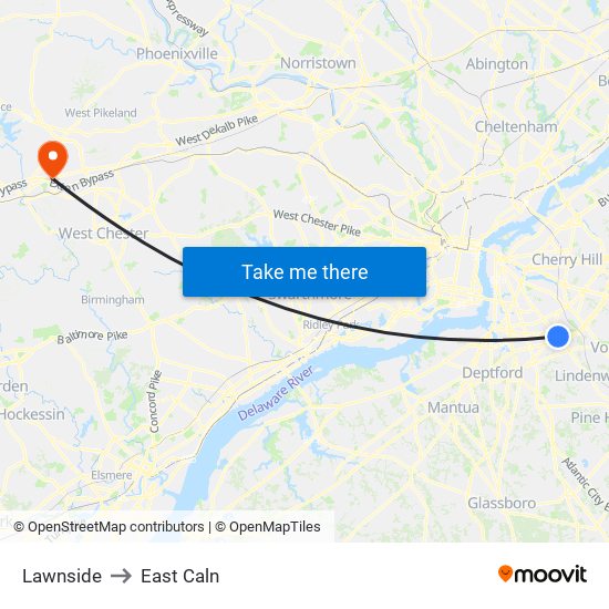 Lawnside to East Caln map