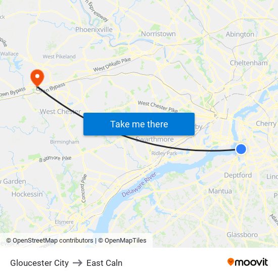 Gloucester City to East Caln map