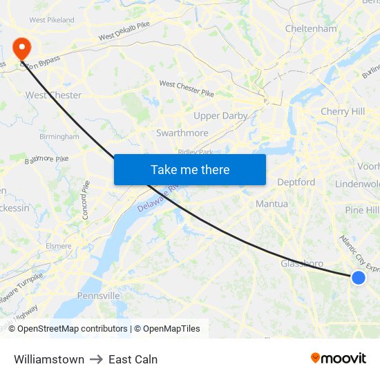 Williamstown to East Caln map