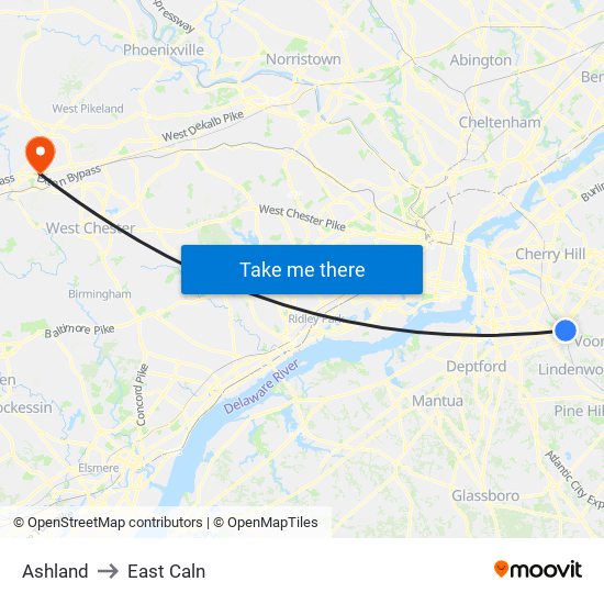 Ashland to East Caln map