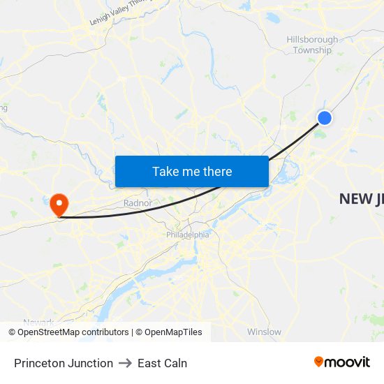 Princeton Junction to East Caln map