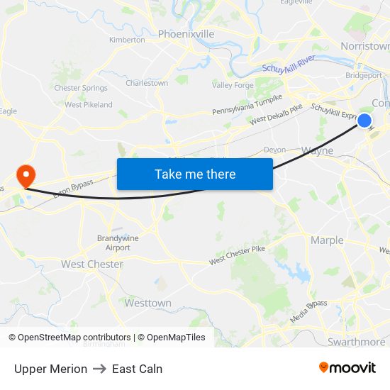 Upper Merion to East Caln map