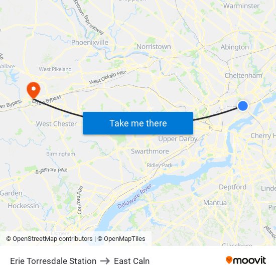 Erie Torresdale Station to East Caln map
