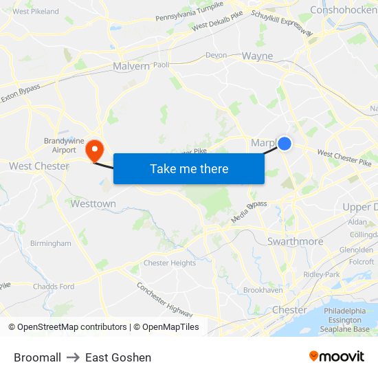 Broomall to East Goshen map