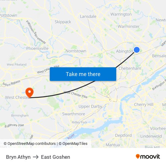 Bryn Athyn to East Goshen map