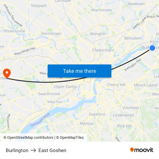 Burlington to East Goshen map