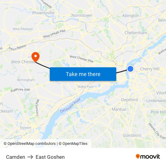 Camden to East Goshen map