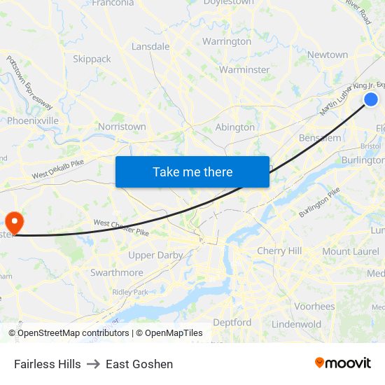 Fairless Hills to East Goshen map