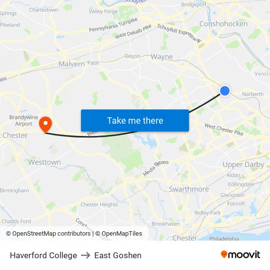 Haverford College to East Goshen map