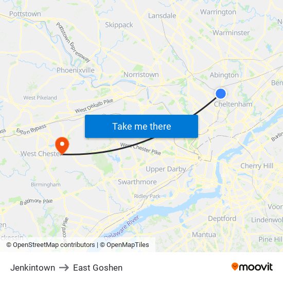 Jenkintown to East Goshen map