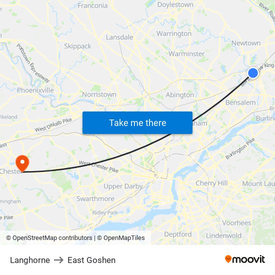 Langhorne to East Goshen map