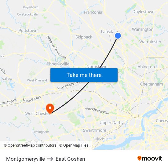 Montgomeryville to East Goshen map