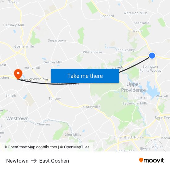 Newtown to East Goshen map