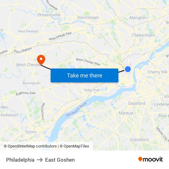 Philadelphia to East Goshen map