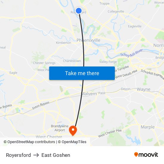 Royersford to East Goshen map