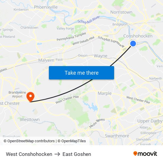 West Conshohocken to East Goshen map