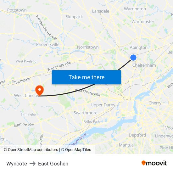 Wyncote to East Goshen map