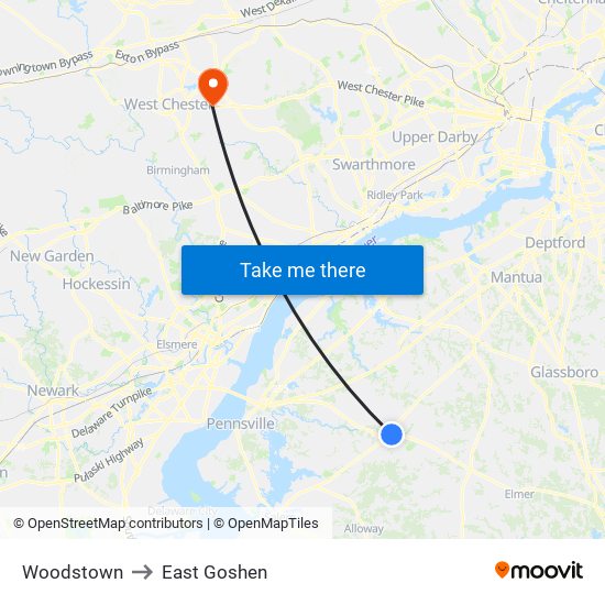 Woodstown to East Goshen map