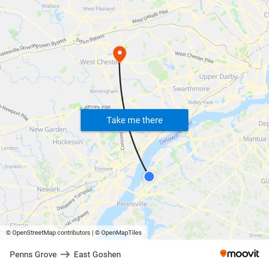 Penns Grove to East Goshen map