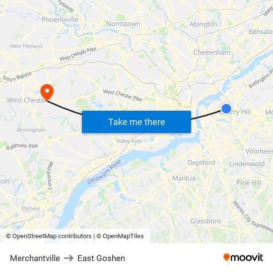 Merchantville to East Goshen map