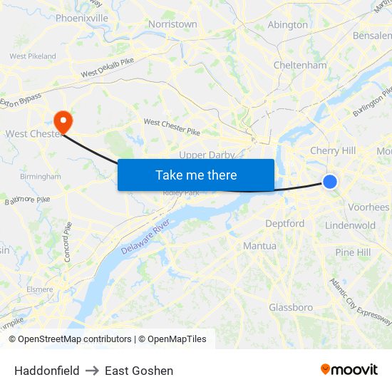 Haddonfield to East Goshen map