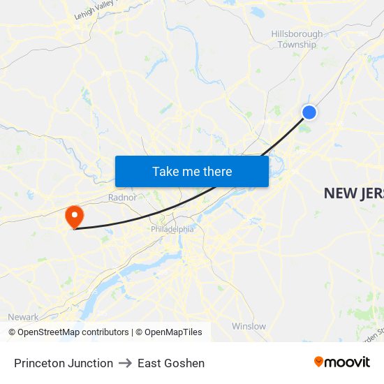 Princeton Junction to East Goshen map