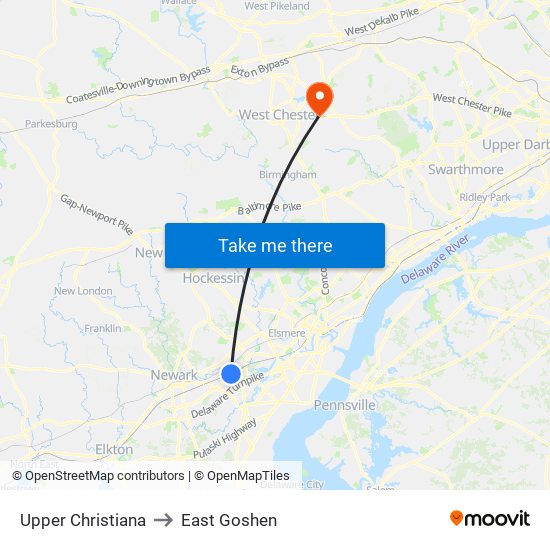 Upper Christiana to East Goshen map