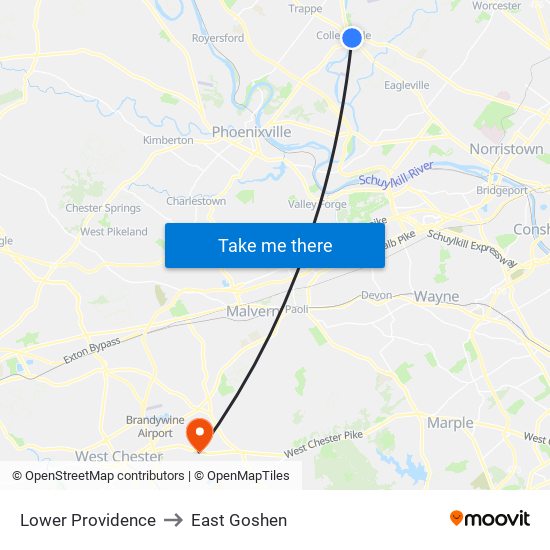 Lower Providence to East Goshen map