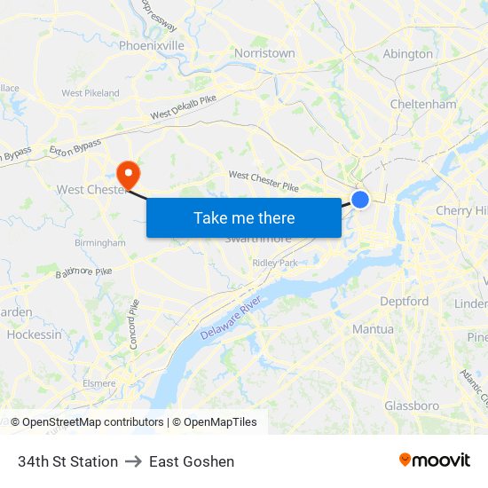 34th St Station to East Goshen map