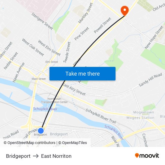 Bridgeport to East Norriton map