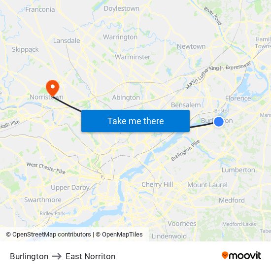 Burlington to East Norriton map