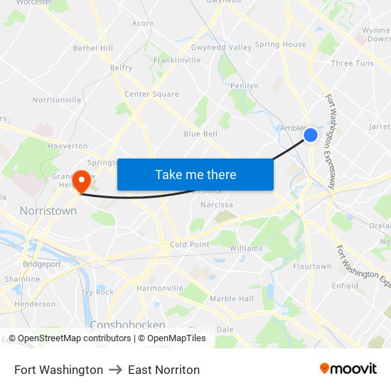 Fort Washington to East Norriton map