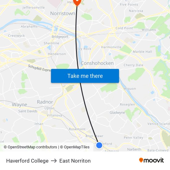 Haverford College to East Norriton map