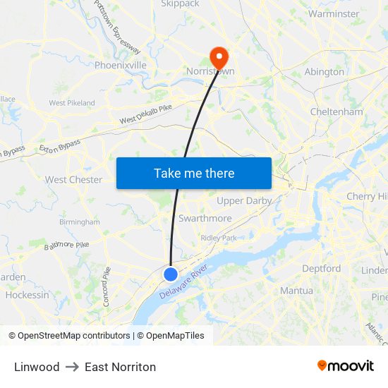 Linwood to East Norriton map