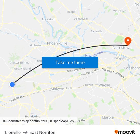 Lionville to East Norriton map