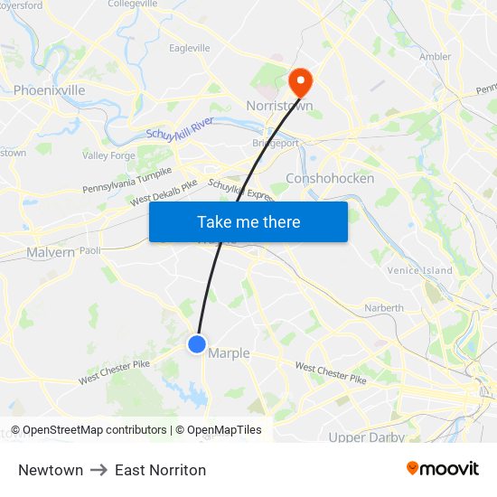 Newtown to East Norriton map